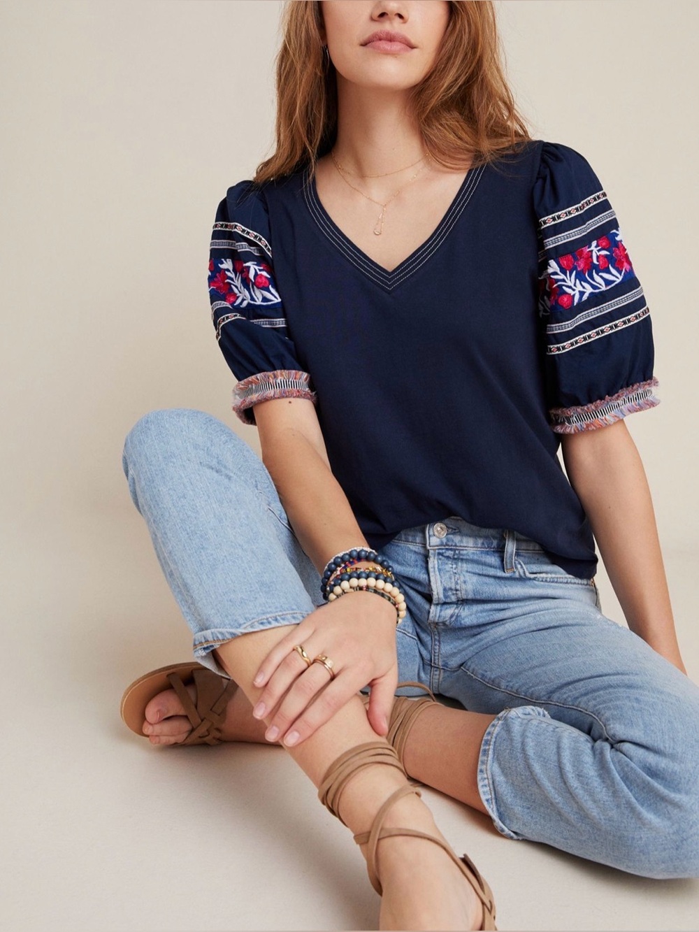 Anthropologie Tessann Embroidered Puff Sleeve Cotton Top XL Boho Cottagecore